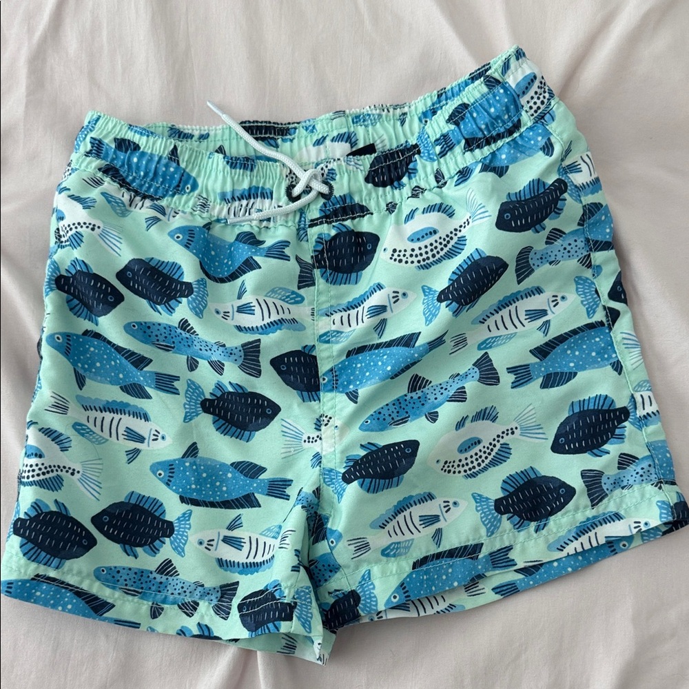 Janie and Jack Mint & Navy Fish Print Swim Shorts